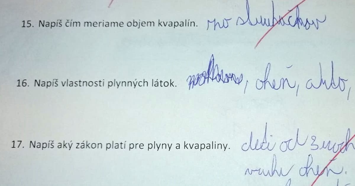 Písomka z fyziky u šiestakov. Odpovede na otázky 16. a 17. nemajú chybu!