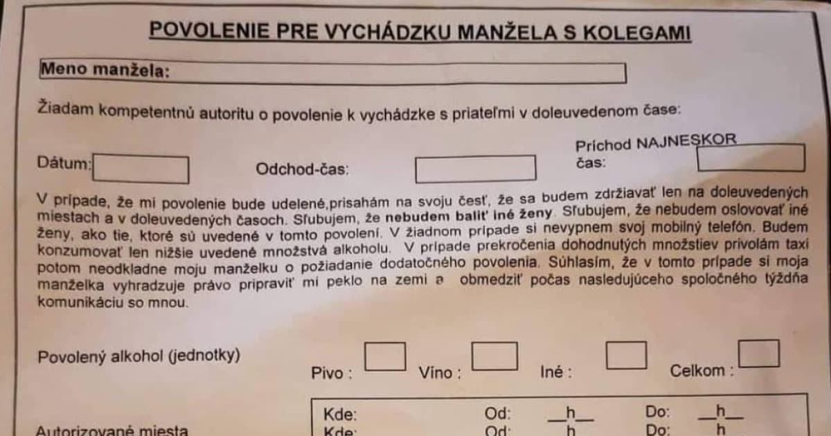 Slovenskí muži dávajú najnovšie svojim ženám takéto povolenie